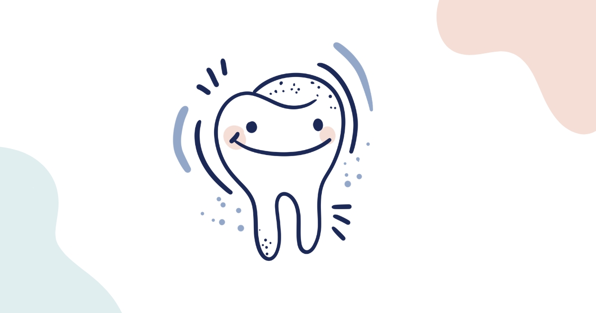 Smiling hand-drawn tooth with rosy cheeks surrounded by playful motion lines and dots, a cheerful symbol of strong oral health and a happy mind