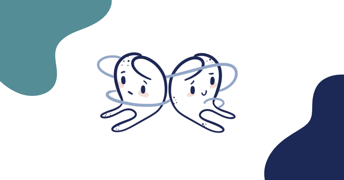Two cartoon teeth sitting back to back, wrapped in a loop of dental floss, one looking worried and one smiling, showing how stress can affect oral health