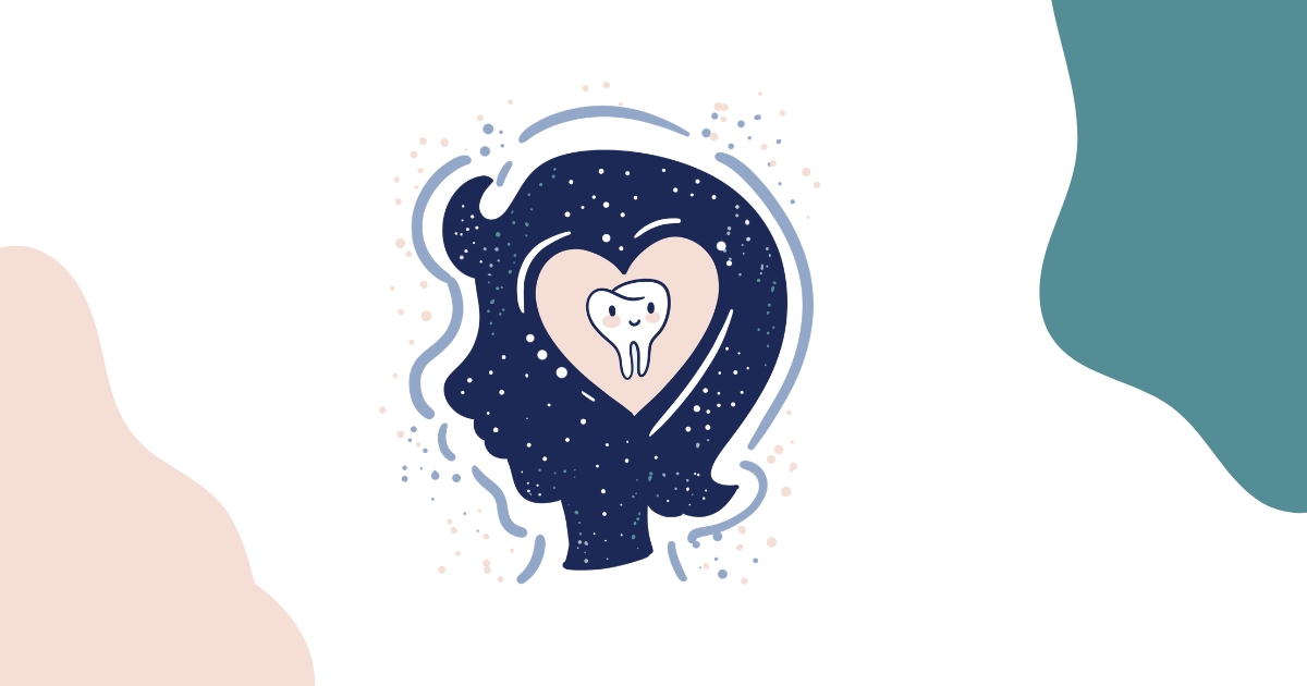 Silhouette of a woman’s head filled with a starry night sky and a heart holding a smiling tooth, showing the link between mental health and oral health
