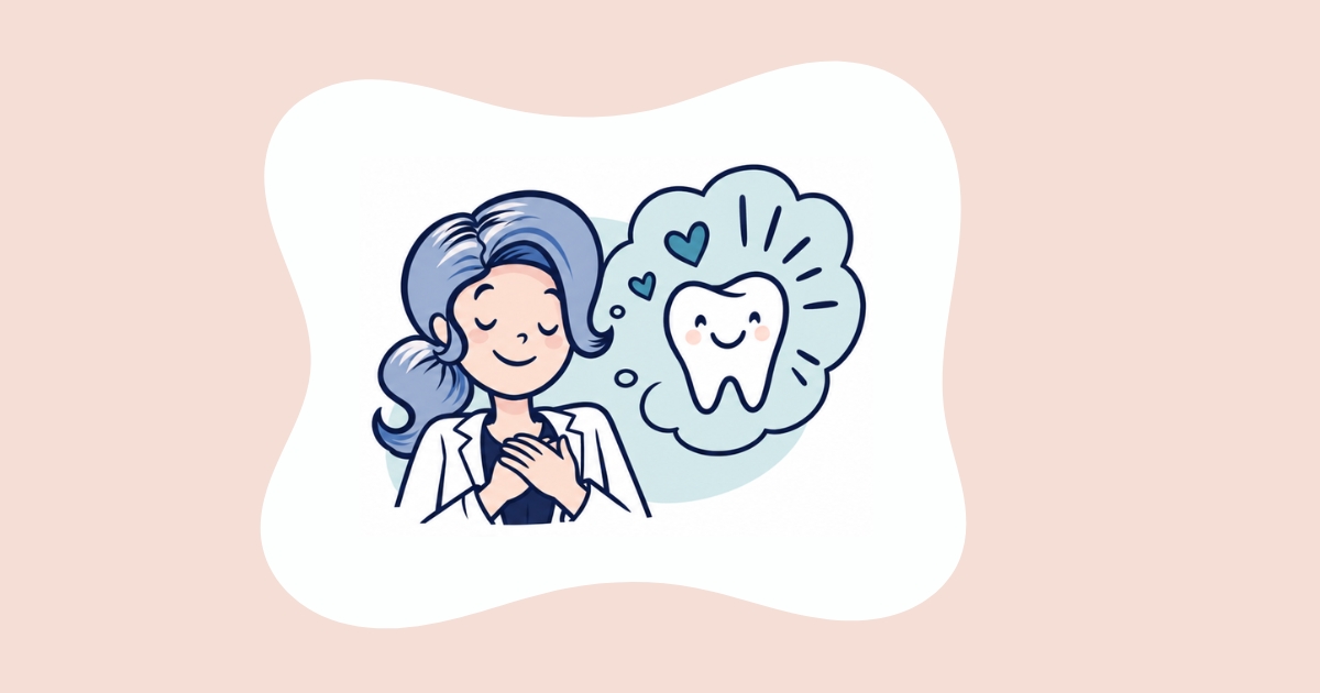 Cartoon dentist in a white coat with eyes closed and hands over her heart, picturing a happy tooth, a gentle reminder that mental health shapes your smile