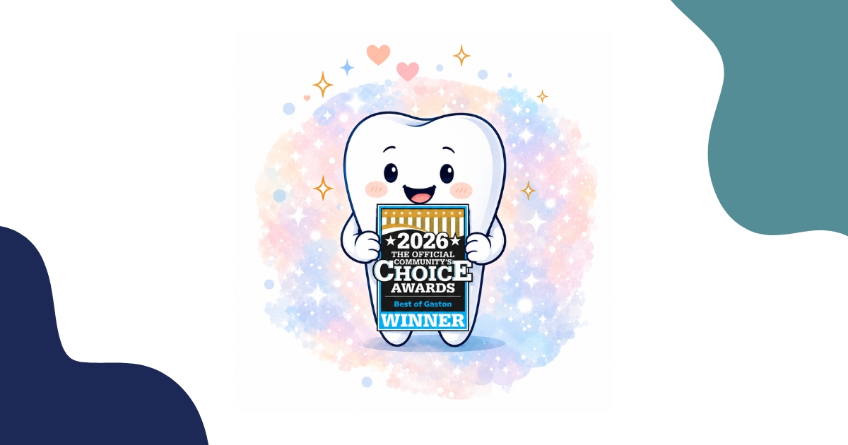 Cheerful cartoon tooth character holding the Best of Gaston 2026 award badge, celebrating Bass Dentistry's win.