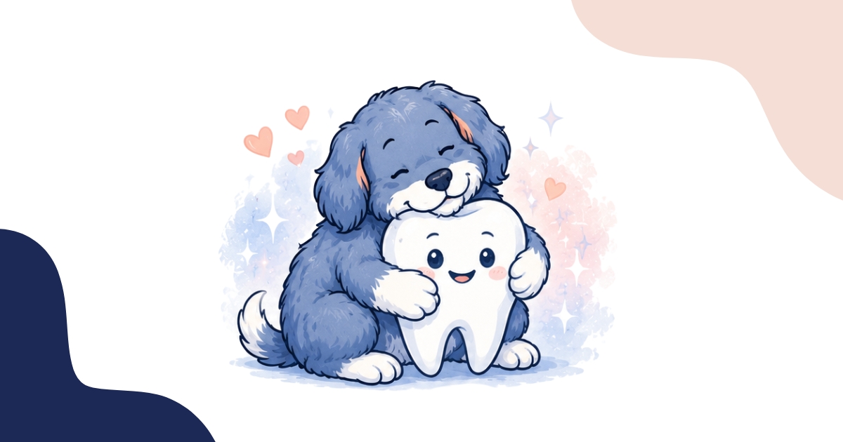 Cartoon illustration of a fluffy dog affectionately hugging a smiling tooth character, surrounded by hearts, symbolizing preventive dental care.