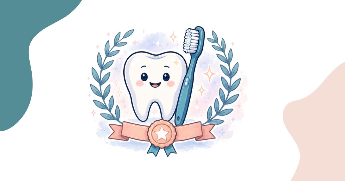Illustrated tooth character holding a toothbrush inside a laurel wreath with an award ribbon, representing excellence in preventive dental care.