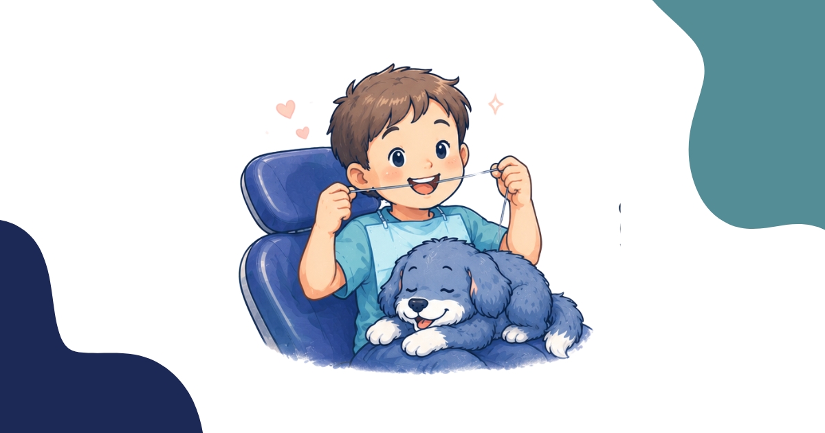 Illustrated little boy flossing his teeth while cuddling a sleepy dog in a dental chair, learning the oral health benefits of good hygiene.