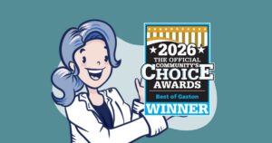 Bass Dentistry's Best of Gaston award badges from 2022 to 2026, marking five years as Gaston County's best dental clinic.