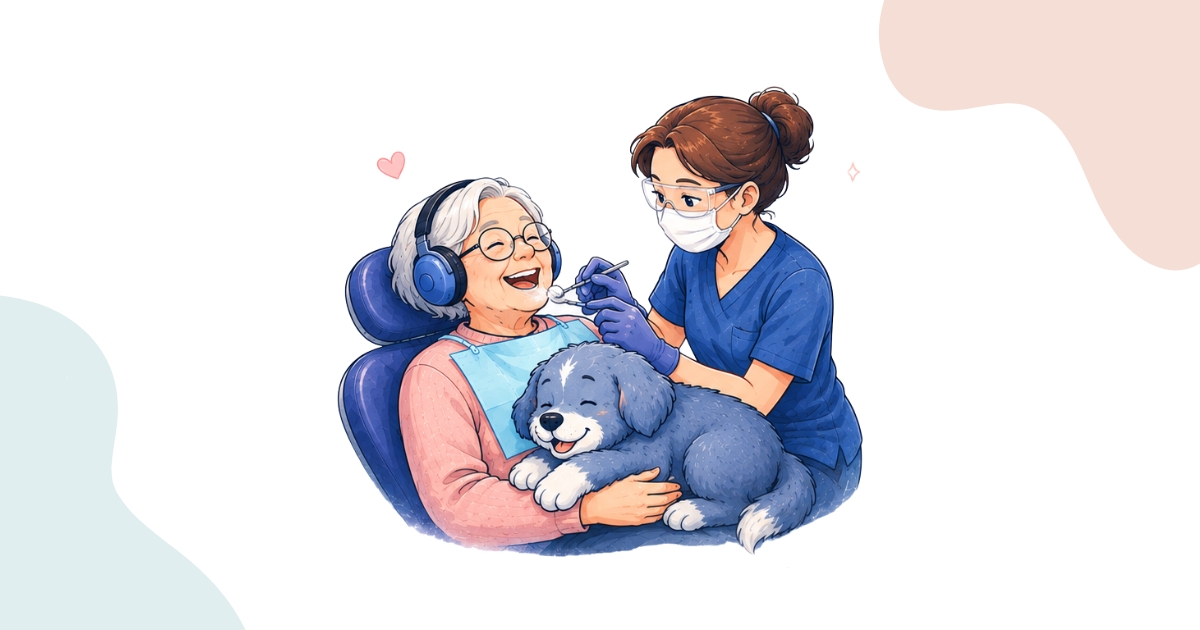 Smiling senior patient holding her dog during a relaxed, comfortable checkup at Bass Dentistry.