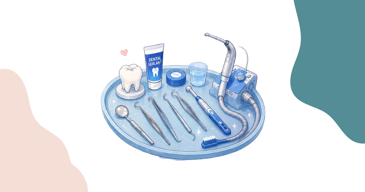 Tray of dental tools including a dental sealants tube, toothbrush, and polishing equipment used during a preventative visit.