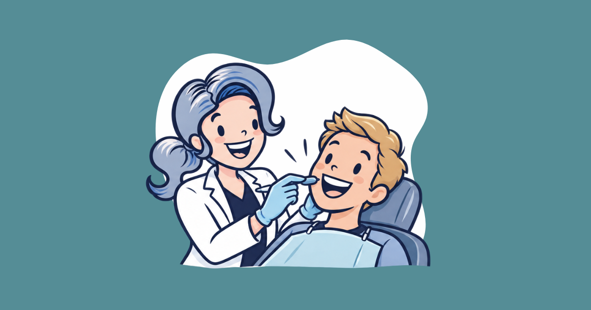 Cartoon dentist in a white coat and blue gloves smiling with a happy patient in the dental chair during a quick, friendly tooth bonding visit
