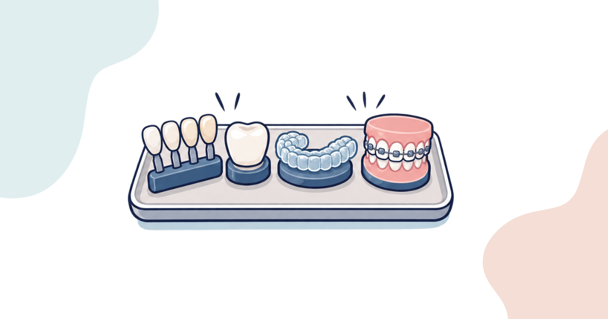Tray of cosmetic dental options with veneer samples, a crown, a clear aligner, and a braces model, showing how teeth bonding compares to other treatments