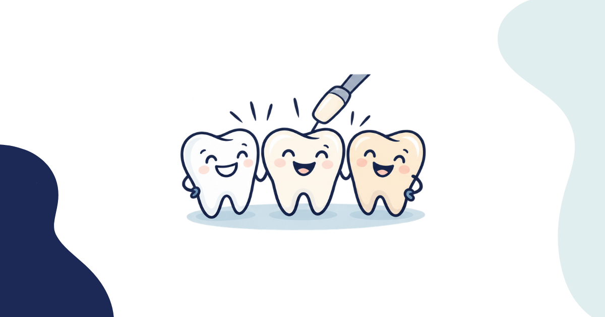 Three smiling cartoon teeth in shades from bright white to yellow as a dental tool shapes the middle one, a simple visual for what is tooth bonding