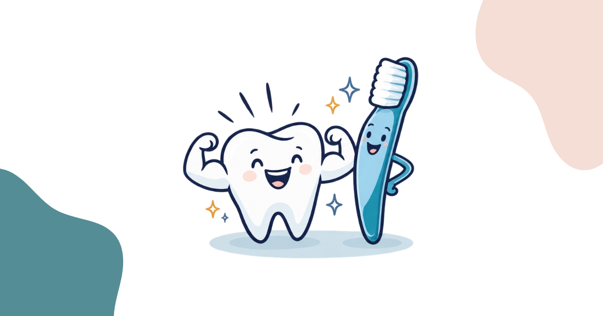 Happy cartoon tooth flexing its muscles beside a smiling blue toothbrush, a reminder that daily brushing helps keep tooth bonding looking its best