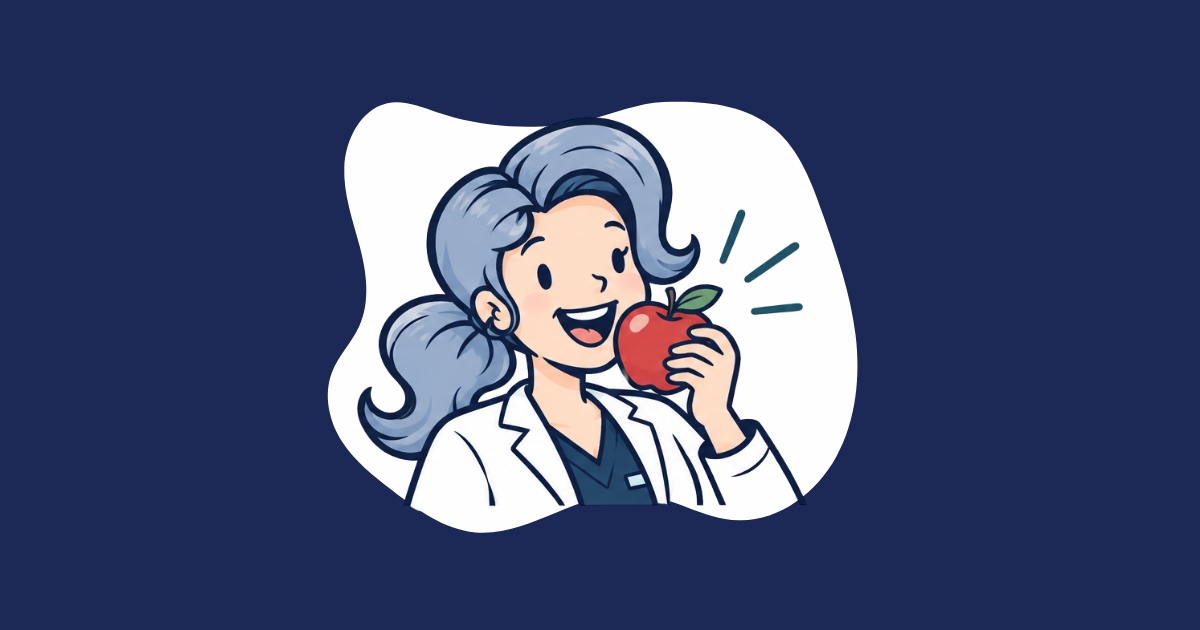 Illustration of a smiling dentist in a white coat biting into a crisp red apple, a fun nod to how nutrition supports strong oral health
