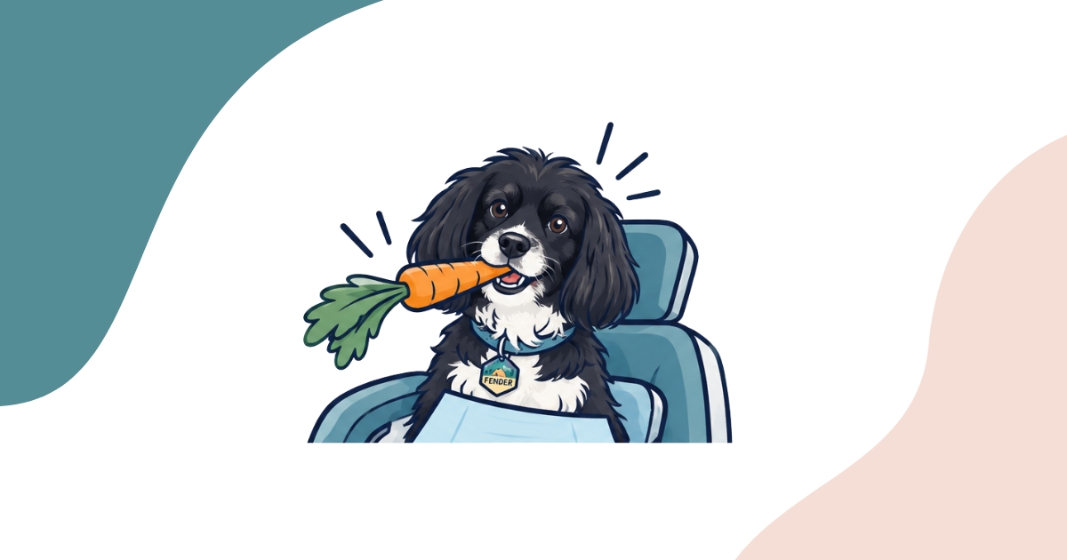 Illustrated black and white dog named Fender in a dental chair holding a carrot in his mouth, a playful take on crunchy foods and nutrition