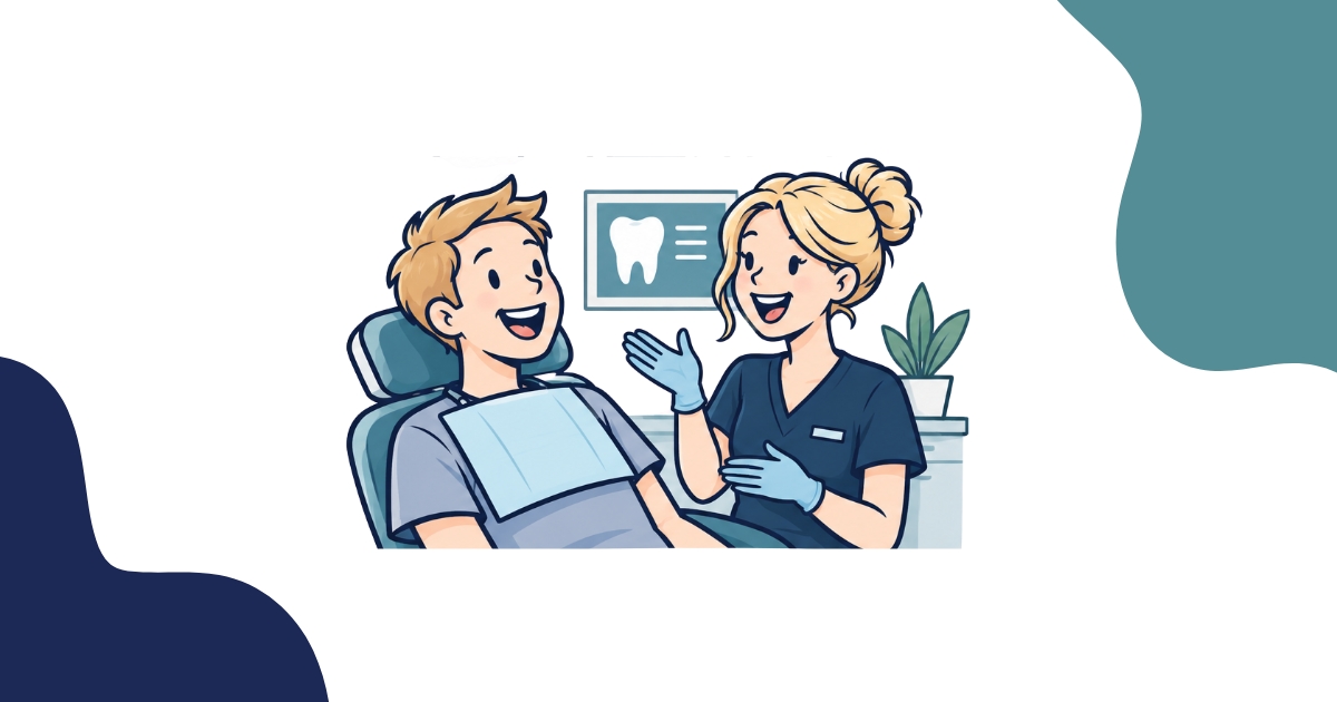 Illustration of a happy patient in a dental chair chatting with a smiling hygienist about oral probiotics, with a tooth graphic on the screen