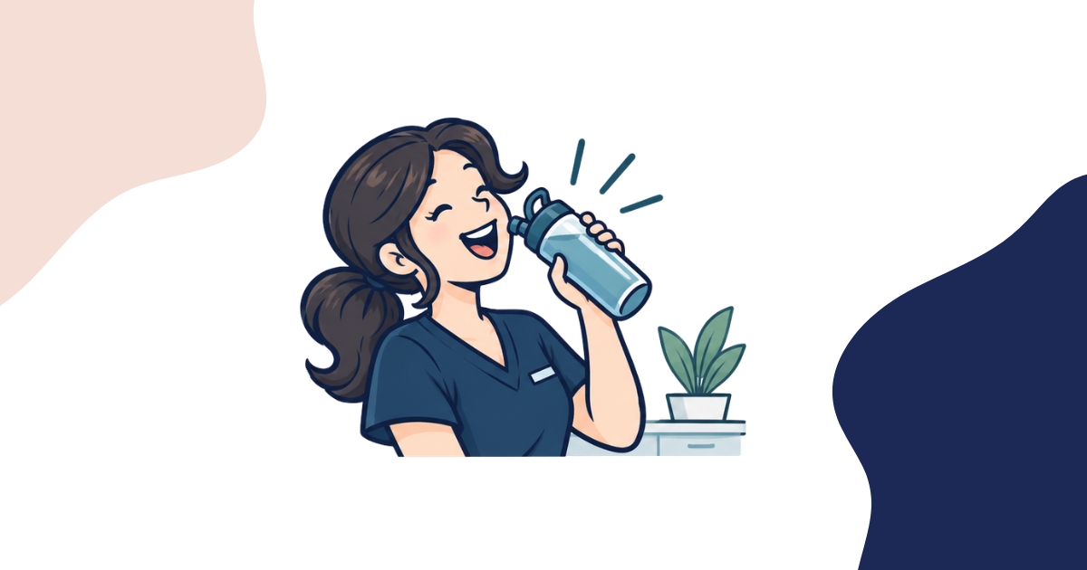 Illustration of a cheerful dental team member in navy scrubs drinking from a water bottle, a reminder that hydration helps protect oral health